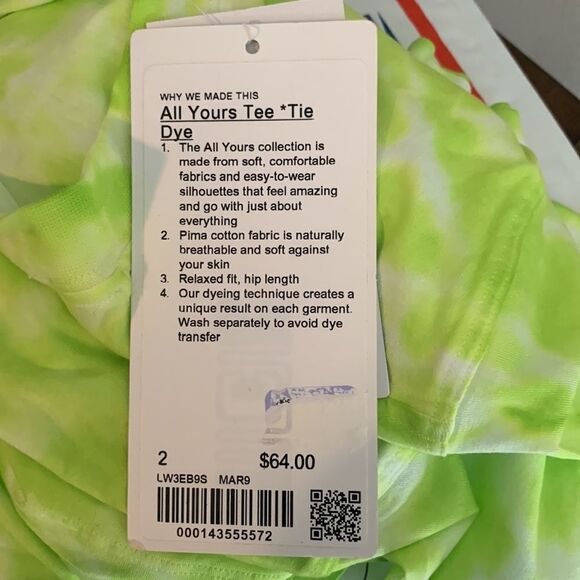 NWT New LULULEMON ALL YOURS TEE Tie Dye Neon Lime Green White MAR9 Sz 2 - Picture 4 of 4